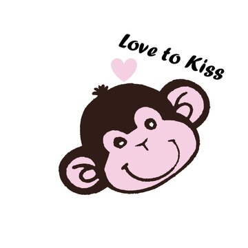 Cute monkey face with pink heart and Love to Kiss text illustration isolated on white background for kids fashion apparel, valentine sticker, baby print.