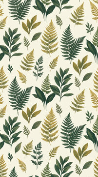Seamless pattern featuring a delightful botanical assortment of detailed green and golden fern leaves and delicate foliage arranged artfully on a light background