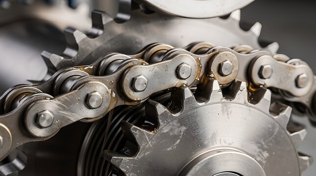 Close-up view of a metallic roller chain engaged with two industrial sprockets, showcasing the intricate mechanical connection and power transmission system.