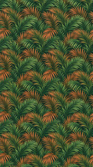 Obraz premium Seamless tropical pattern with lush green and warm copper palm leaves for summer vacation background and botanical apparel textile design