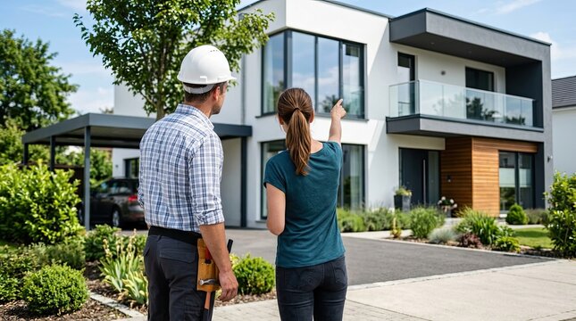 Professional construction contractor and female client discussing the exterior design of a modern residential house during a site visit