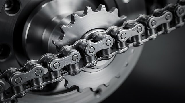 Close-up view of a shiny metal roller chain engaged with a gear sprocket, showcasing intricate mechanical engineering and industrial precision.