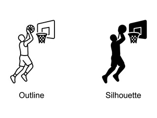 Basketball Action Icon: Two distinct icons depict a basketball player in motion, one as a clean outline and the other as a bold silhouette, both aiming to score a basket. © Goro
