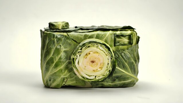 Surreal food concept of a vintage compact camera styled from organic green cabbage leaves. Creative eco art for restaurant blogs, posters and social media.