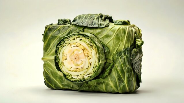 Surreal food concept of a generic professional camera made entirely of fresh green cabbage leaves with a sliced vegetable heart lens. Creative eco art for photography blogs, posters and social media.