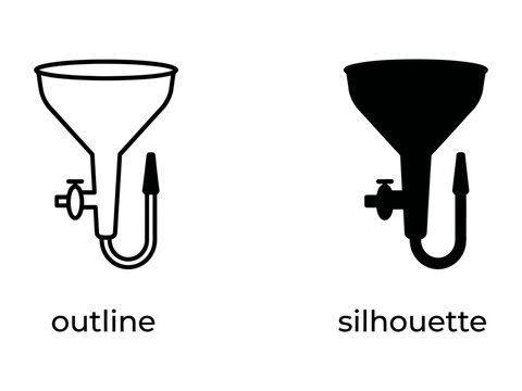 Separating Funnel Icon Set: A clean graphic representation of a laboratory separating funnel in both outline and silhouette forms, ideal for scientific diagrams or educational material.