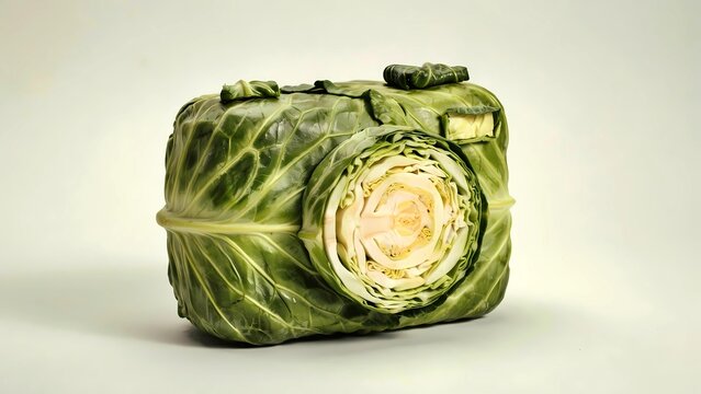 Artsy visual metaphor of a professional mirrorless camera made of fresh leafy green cabbage. Vibrant eco concept for healthy lifestyle, blogs, posters and social media.