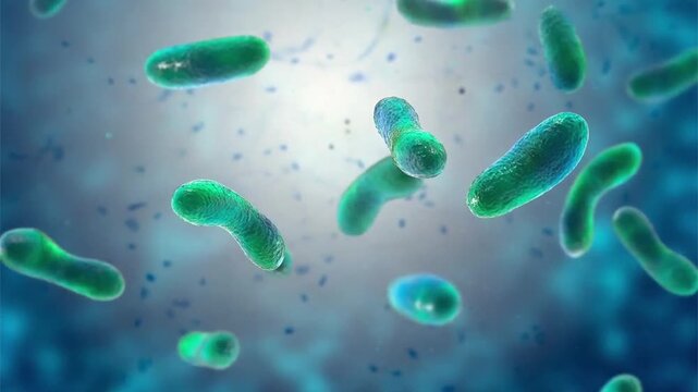 Acinetobacter baumannii bacterium, 3D animation showing coccobacillary morphology with smooth outer membrane surface and subtle cellular texture.