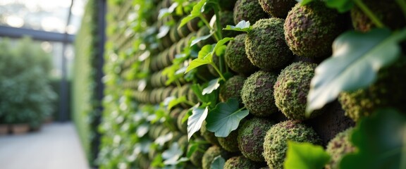 Obraz premium Green vertical garden with moss balls and leafy plants indoors 