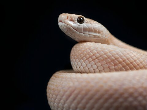 Close up of a pale leucistic snake coiled on a dark black background