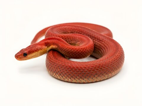 Red corn snake coiled on white background, studio shot of a vibrant pet reptile.