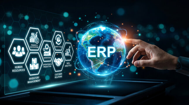 Hand interacting with a digital interface showing earth and business process icons, representing ERP systems and global business integration