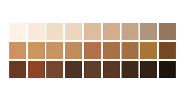 Grid of brown skin tones color palette samples with swatches, complexion