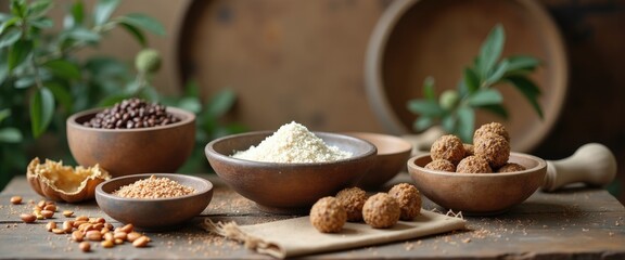 Fototapeta premium Ingredients in ceramic bowls on wooden countertop with greenery 