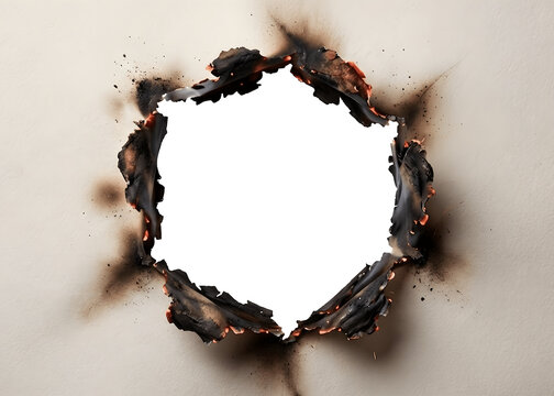 Burnt paper with jagged charred circular hole in center