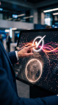 A person's finger touches a screen displaying a validated globe and checkmark, symbolizing global success and verification.