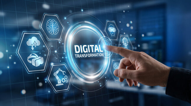 Digital transformation concept with icons representing technology and innovation, symbolizing future progress, business growth, and modernization.