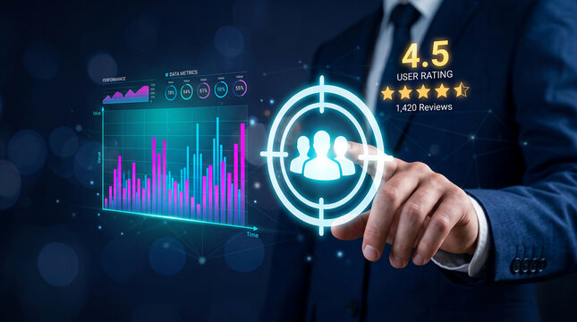 Business professional interacting with a holographic display of performance metrics, user ratings, and customer targeting, symbolizing data analysis, business growth, and customer engagement