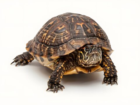Brown box turtle facing forward for nature and wildlife concepts, isolated on white background