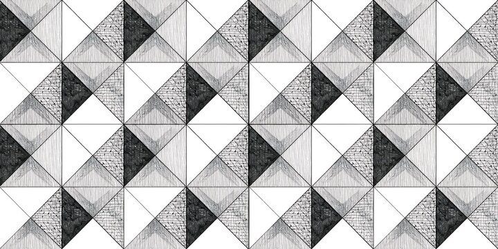 Geometric pattern of triangles and squares in black and white pencil