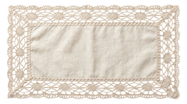 Rectangular linen placemat with geometric crochet border on a transparent background