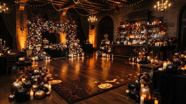 Elegant Halloween party venue decorated with pumpkins, flowers, and candles