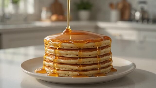 Pancakes stacked on a white ceramic plate glisten with golden syrup cascading down the porous, fluffy brown surfaces in a bright kitchen.