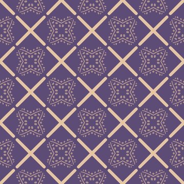 Geometric pattern features crossed lines and ornate shapes. Design repeats across a solid purple background. Soft beige accents contrast with deep purple hue. Symmetrical motifs create balanced