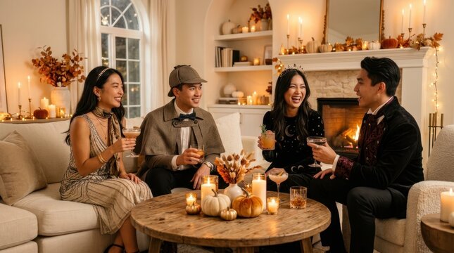 Friends in festive attire enjoying drinks by a cozy fireplace during autumn