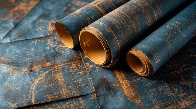 Blueprint rolls and sheets on a table, displaying intricate designs and markings during a sunny afternoon