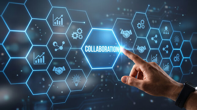 Digital network interface with icons for business and teamwork, symbolizing connection and shared progress, representing collaboration.