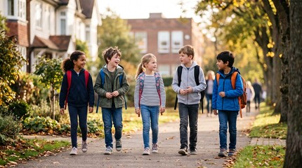 Obraz premium Diverse group of happy elementary school children walking together with backpacks in autumn