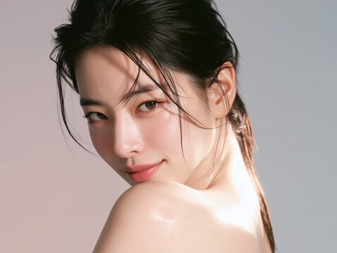 Beautiful Korean female model with clear skin. For skincare, cosmetics, and beauty care advertisements.