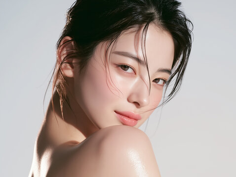 Beautiful Korean female model with clear skin. For skincare, cosmetics, and beauty care advertisements.