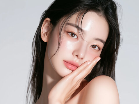Beautiful Korean female model with clear skin. For skincare, cosmetics, and beauty care advertisements.