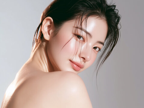 Beautiful Korean female model with clear skin. For skincare, cosmetics, and beauty care advertisements.