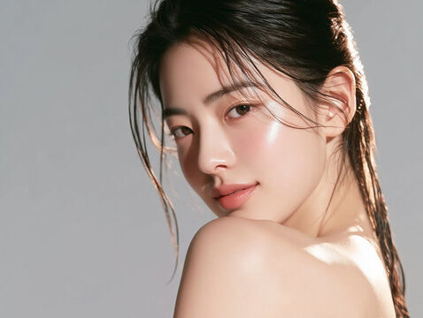 Beautiful Korean female model with clear skin. For skincare, cosmetics, and beauty care advertisements.