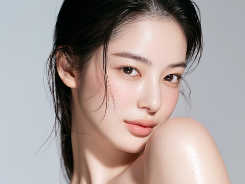Beautiful Korean female model with clear skin. For skincare, cosmetics, and beauty care advertisements.