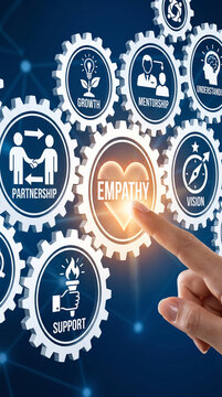 Gears connecting to symbolize empathy, partnership, mentorship, growth, vision, and support. Representative of teamwork and emotional intelligence