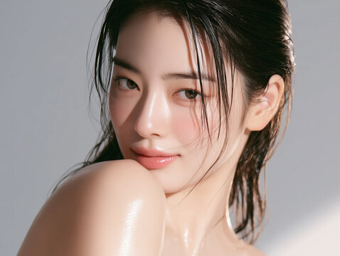 Beautiful Korean female model with clear skin. For skincare, cosmetics, and beauty care advertisements.