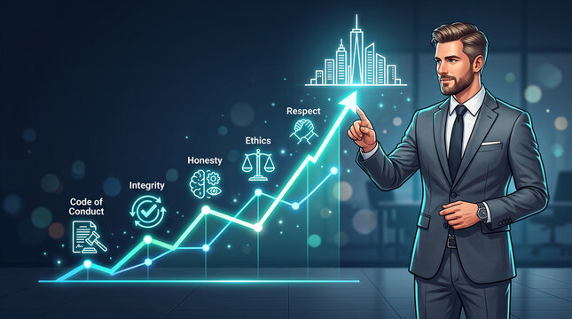 Man in suit interacting with digital graph showing growth, symbolizing business success and ethical principles, ideal for corporate presentation.