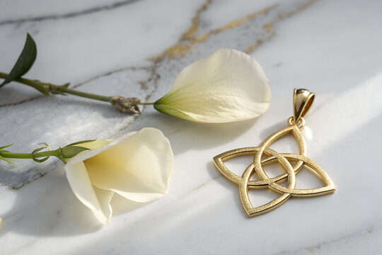 Gold triquetra trinity knot pendant on marble surface with white petals