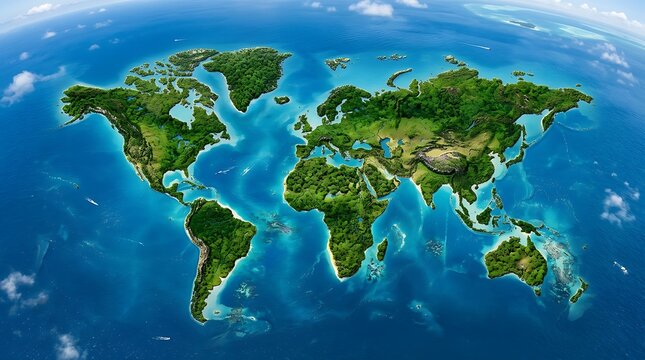 Detailed world map illustration with realistic landmasses and ocean views