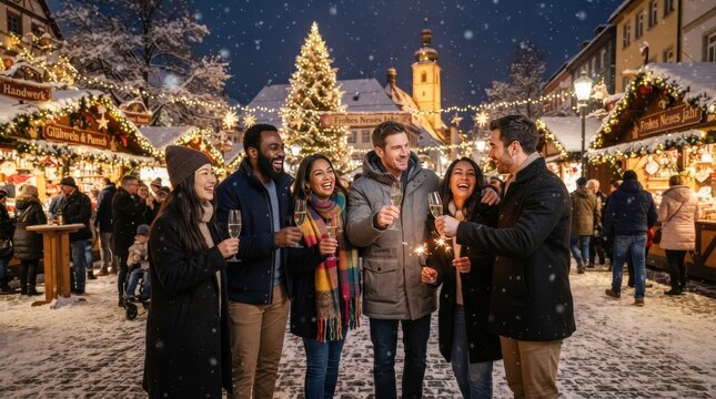 Friends celebrating New Year's Eve at a festive Christmas market with sparkling lights