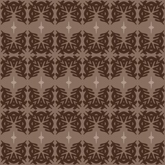 Fototapeta premium Brown geometric pattern repeats on a neutral beige background. Symmetrical shapes form a dense, ornate design. Pattern features stylized, leaf-like motifs with pointed edges