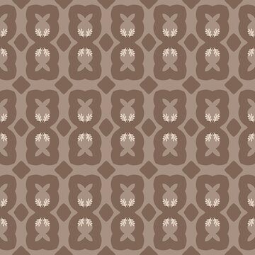 Brown geometric pattern with cream leaf motifs. Repeating design features oval frames and diamond shapes. Soft tones create a warm, elegant background texture. Ideal for interiors, fashion
