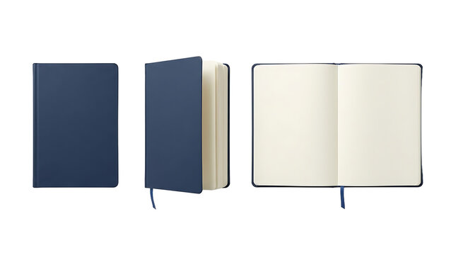 Navy blue notebook mockup set, blank open and closed diary collection, professional leather journal with cream pages on white background