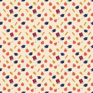 Seamless academic pattern featuring school supplies and graduation caps on cream background with displays repeating pattern student
