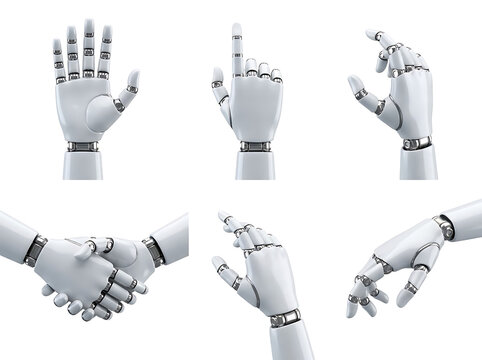 Robotic hand gestures set, futuristic white android hands collection, 6 mechanical arm poses on white background