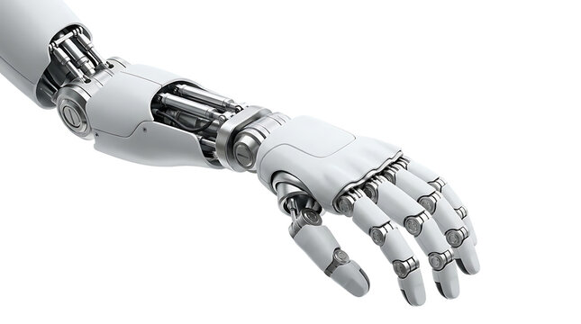 Futuristic robotic arm with white bionic hand, advanced prosthetic limb technology, mechanical android hand on white background